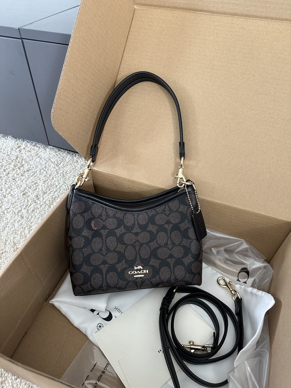 Coach Dark Brown Signature Mini Hobo Underarm Crossbody Bag